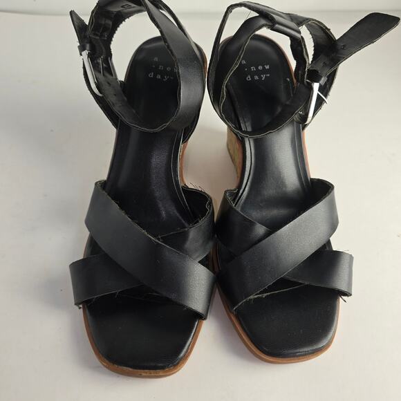 A New Day / Target – Black Faux‑Leather Cork Wedges – Size 7.5 (≈ 3¾″ Heel) - Picture 1 of 9